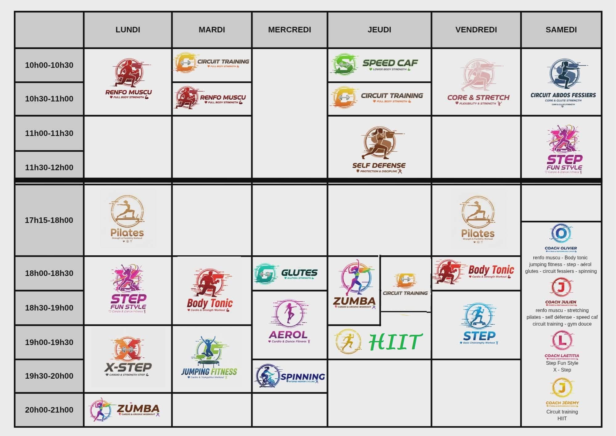 Planning des cours Fitnessentiel